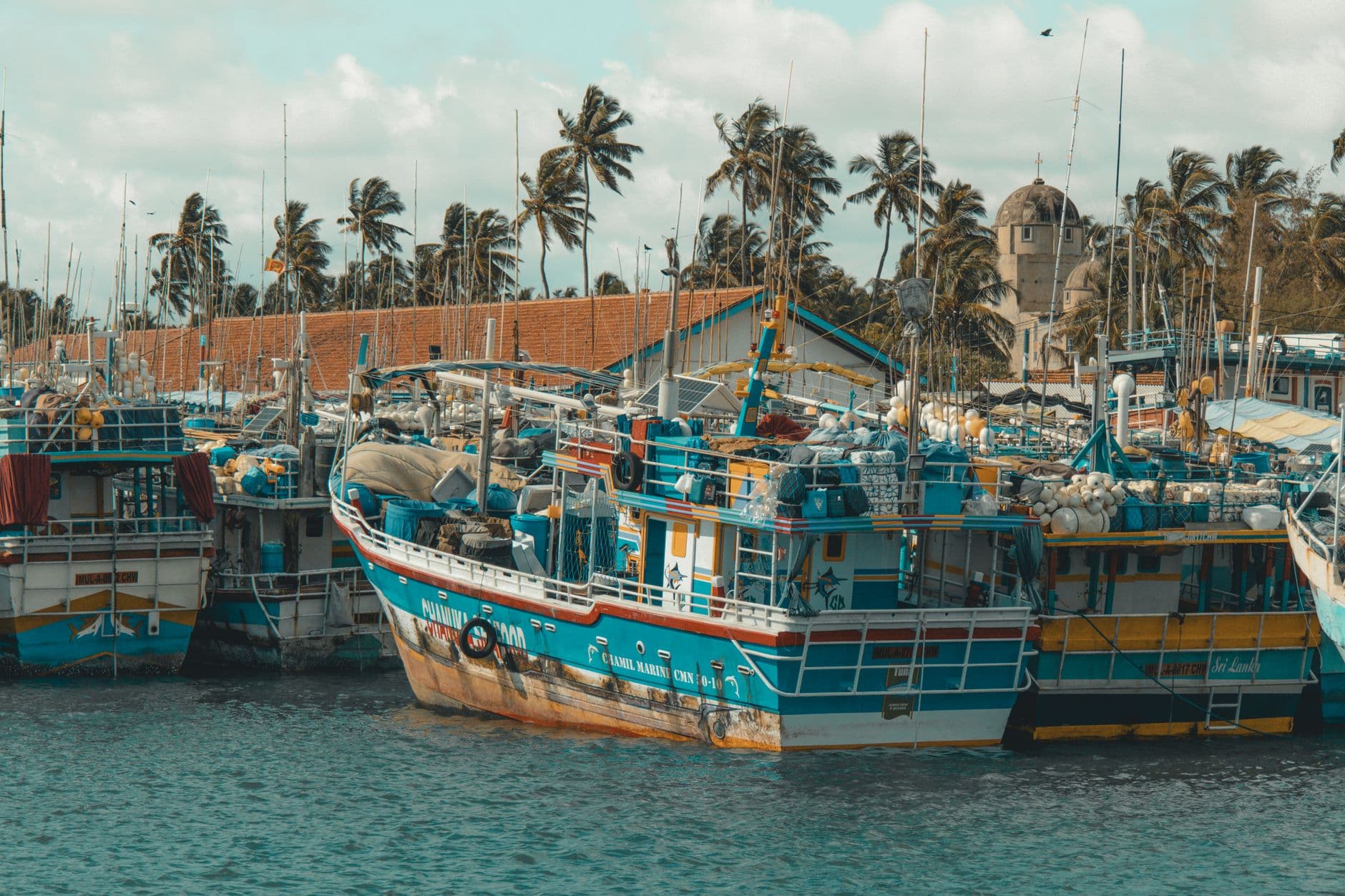 Fishing trawlers packed into the Negombo lagoon harbour