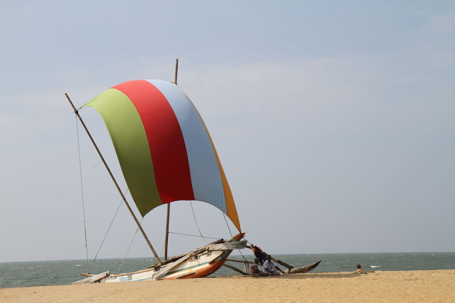 An oruva's rainbow sail rigged on Negombo beach
